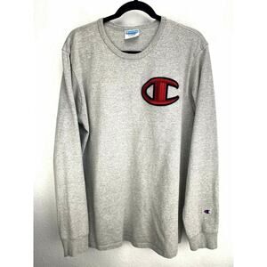 Champion Long Sleeve Crew Neck T-Shirt Gray Size XL Cotton Marled Embroidered